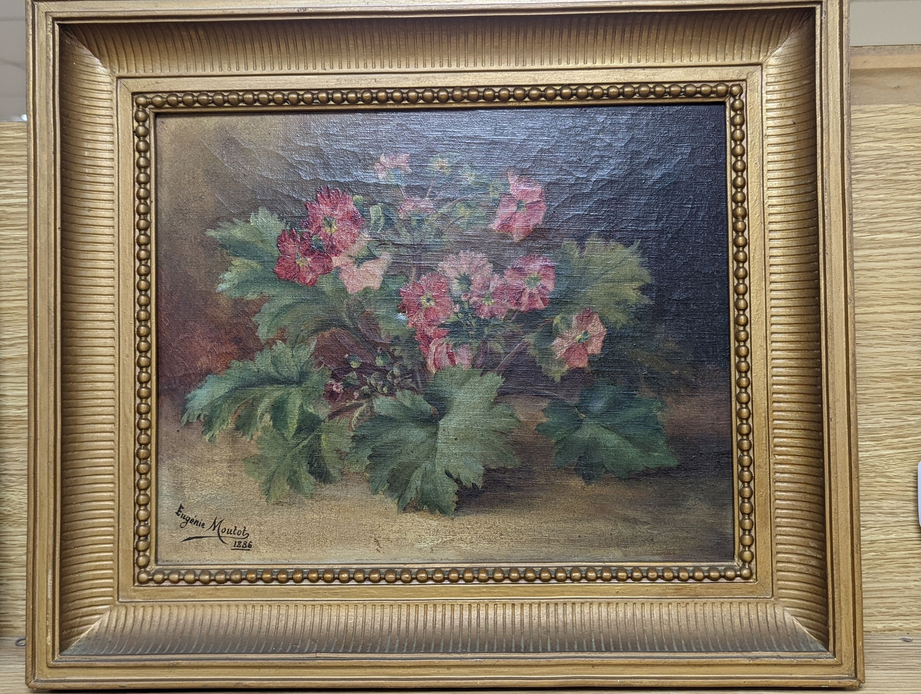 Eugene Moutot (19th C.), oil on canvas, Still life of flowers, signed and dated 1886, 28 x 35cm